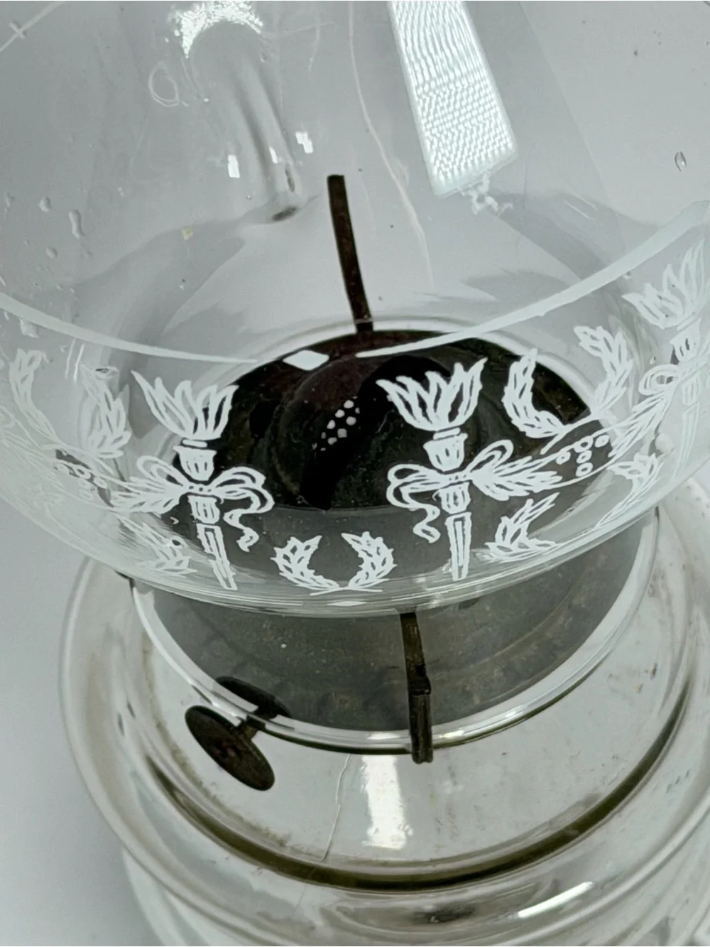 Vintage Clear Glass Pedestal Oil Lamp with Etched Chimney – 17